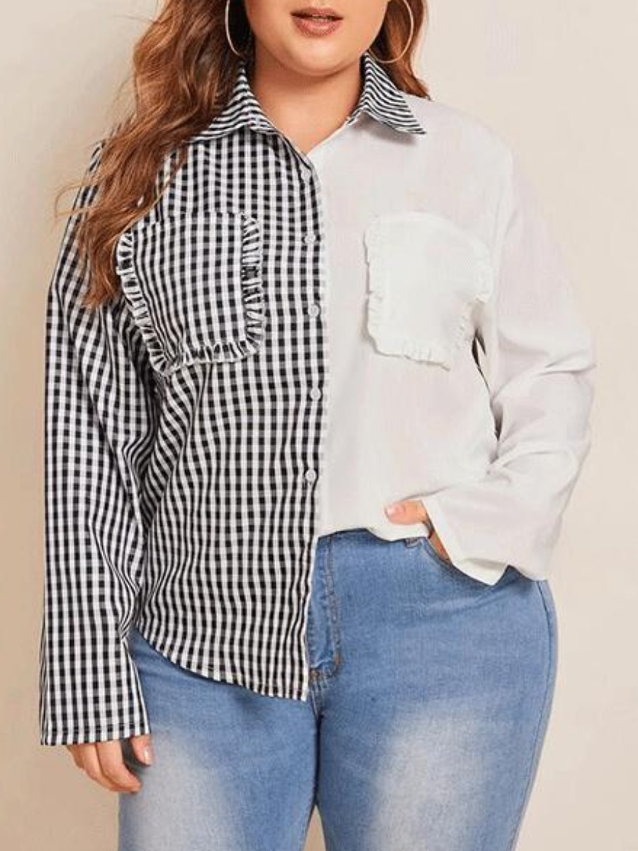 

Lovely Sweet Shirt Collar Grid Print Patchwork Black Blouse