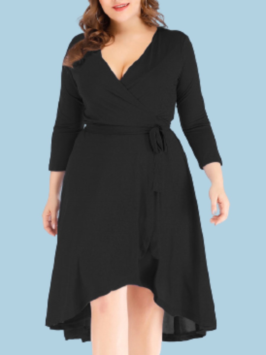 

LW Temperament V Neck Asymmetrical Black Knee Length Dress