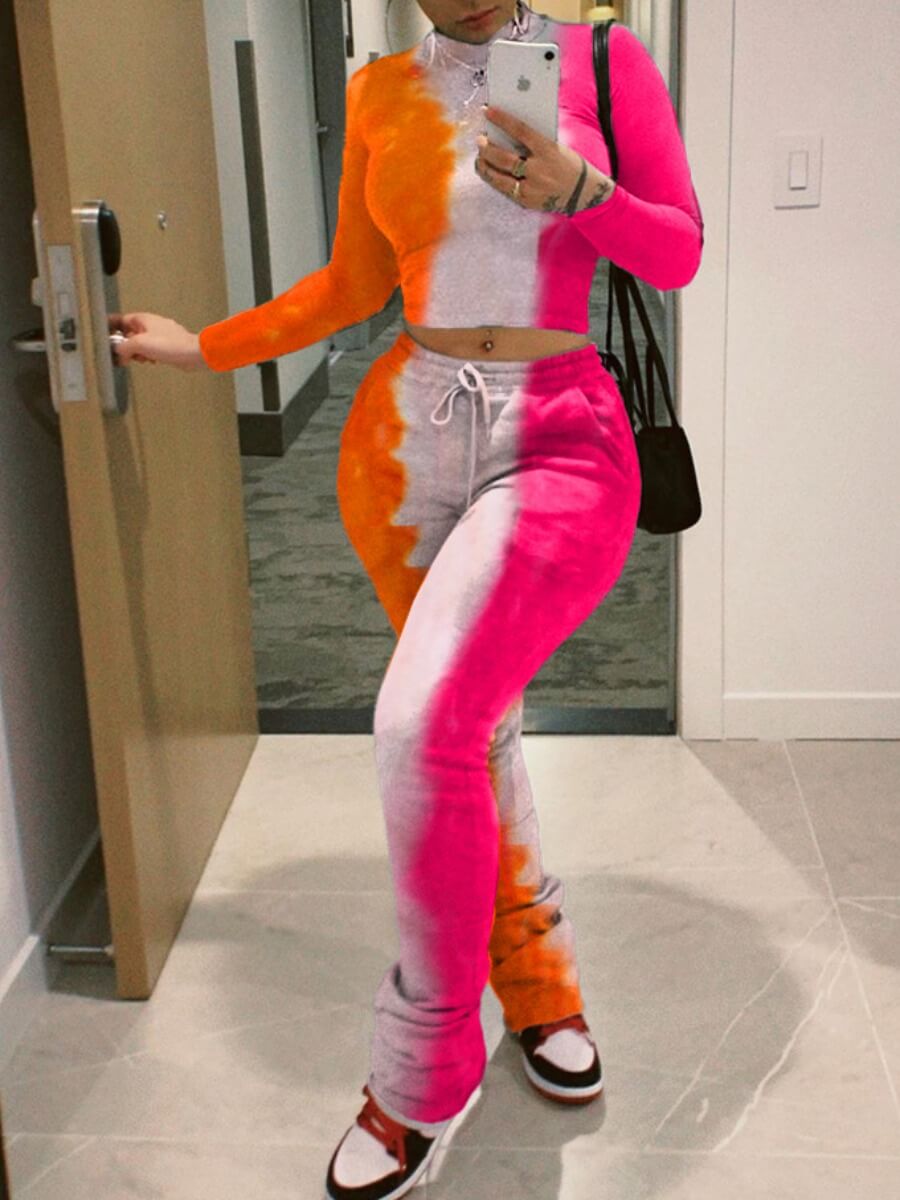 

Lovely Trendy Turtleneck Tie Dye Skinny Croci Two Piece Pants Set
