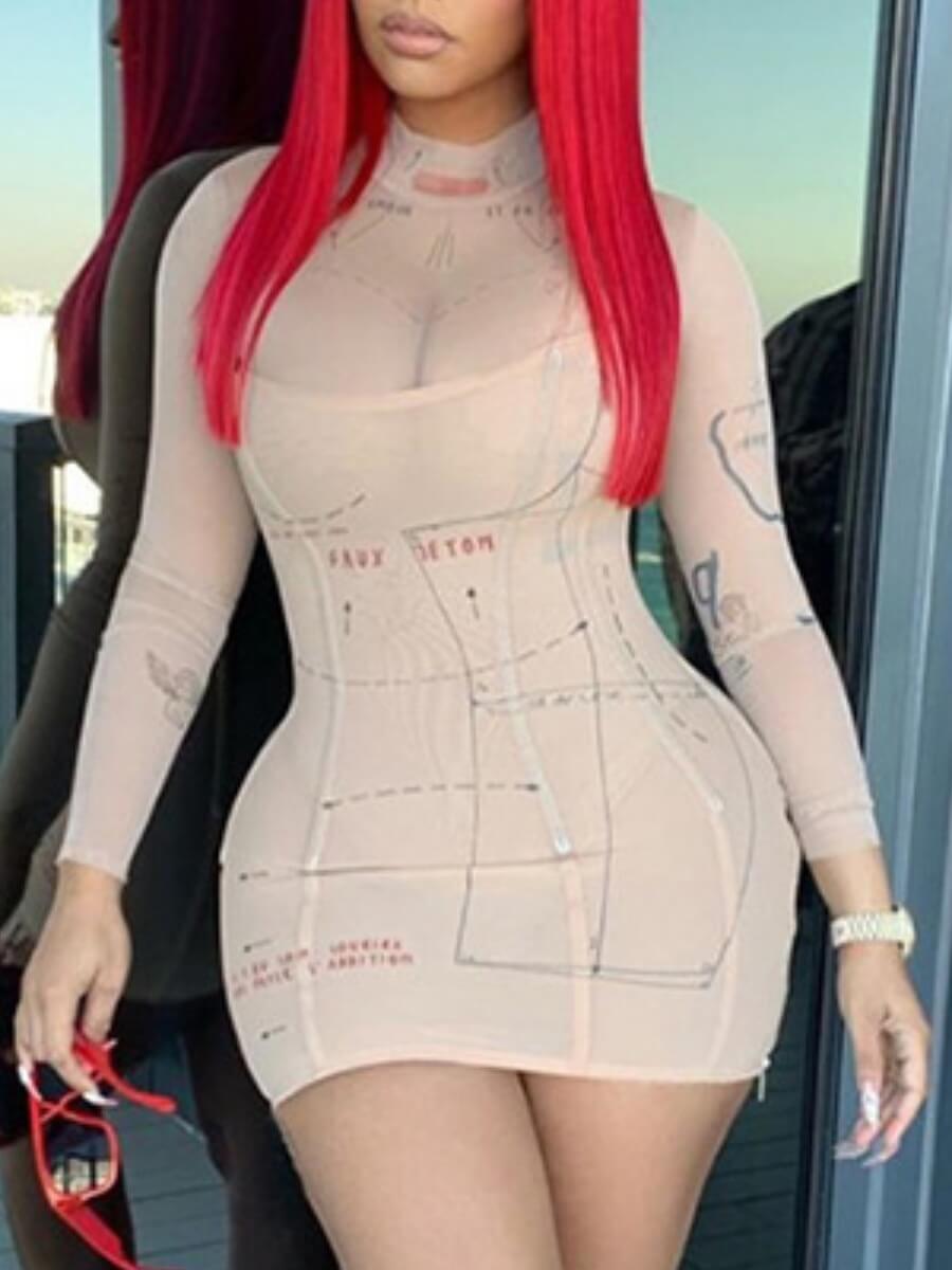 

Lovely Sexy Print See-through Skinny Apricot Mini Dress