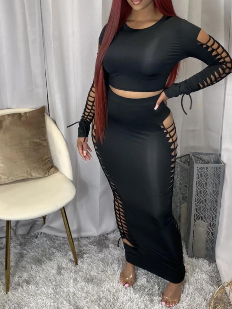 

Lovely Street O Neck Hollow-out Black Two Piece Pants Set