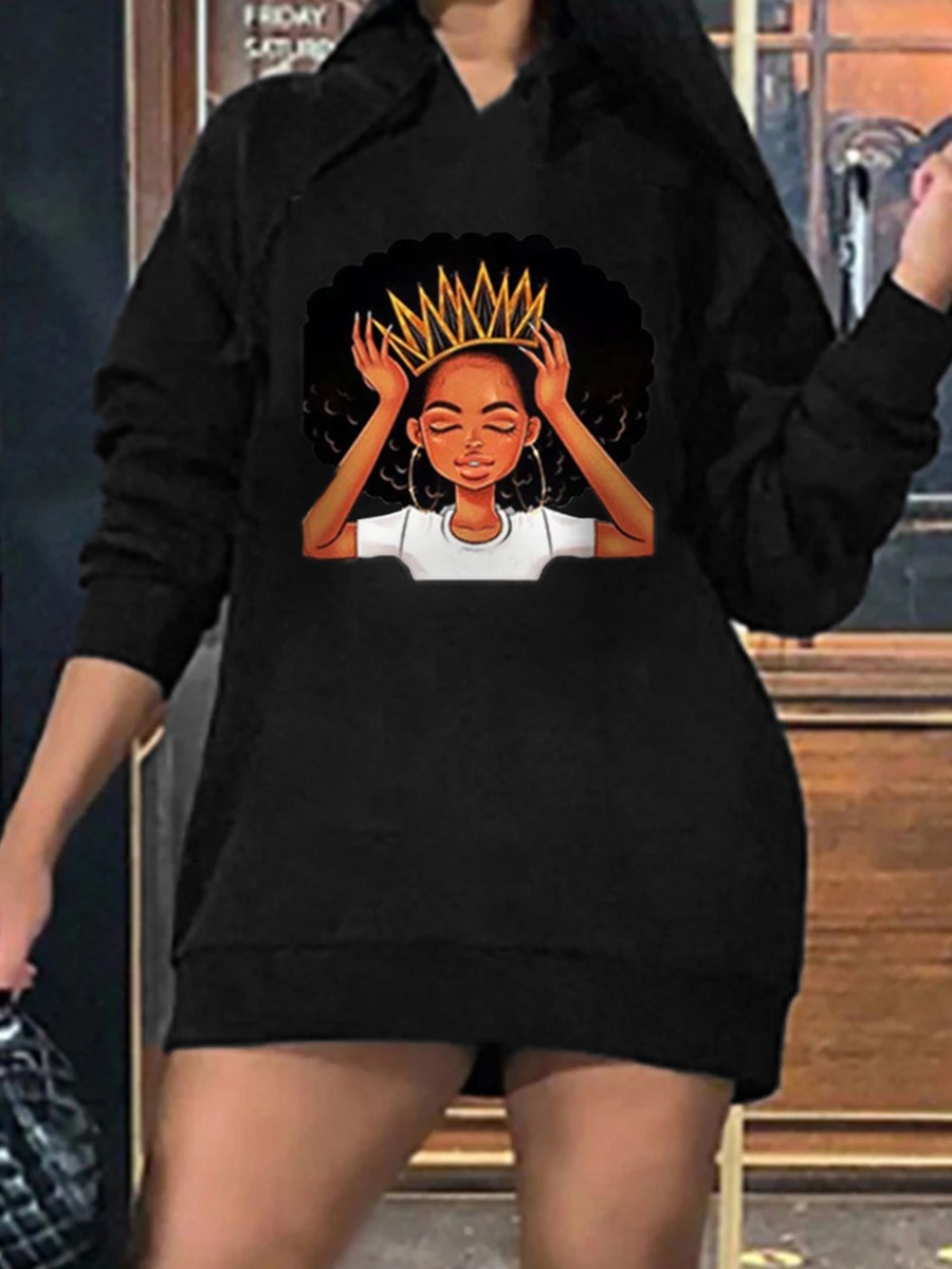 

Lovely Casual Hooded Collar Print Black Mini Dress