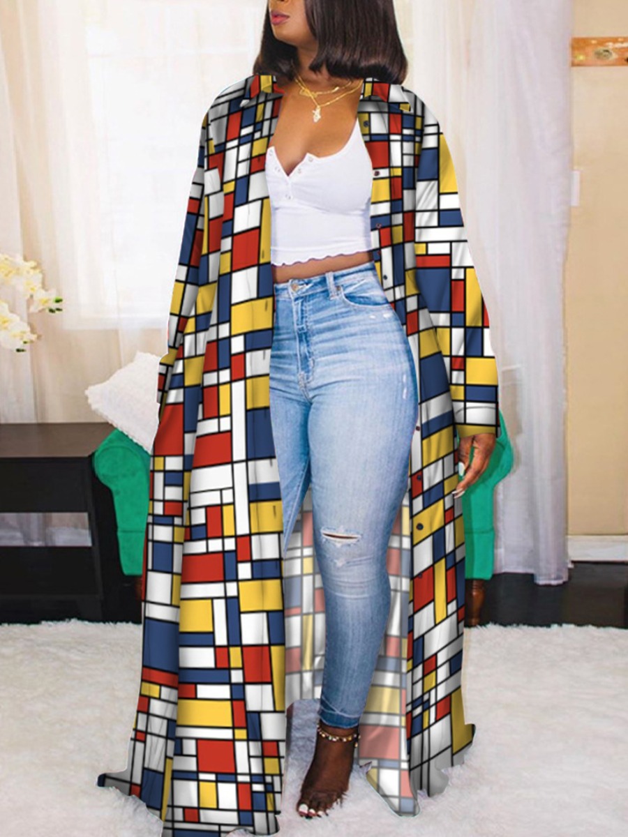 

Lovely Casual Grid Print Loose Yellow Long Plus Size Trench Coat