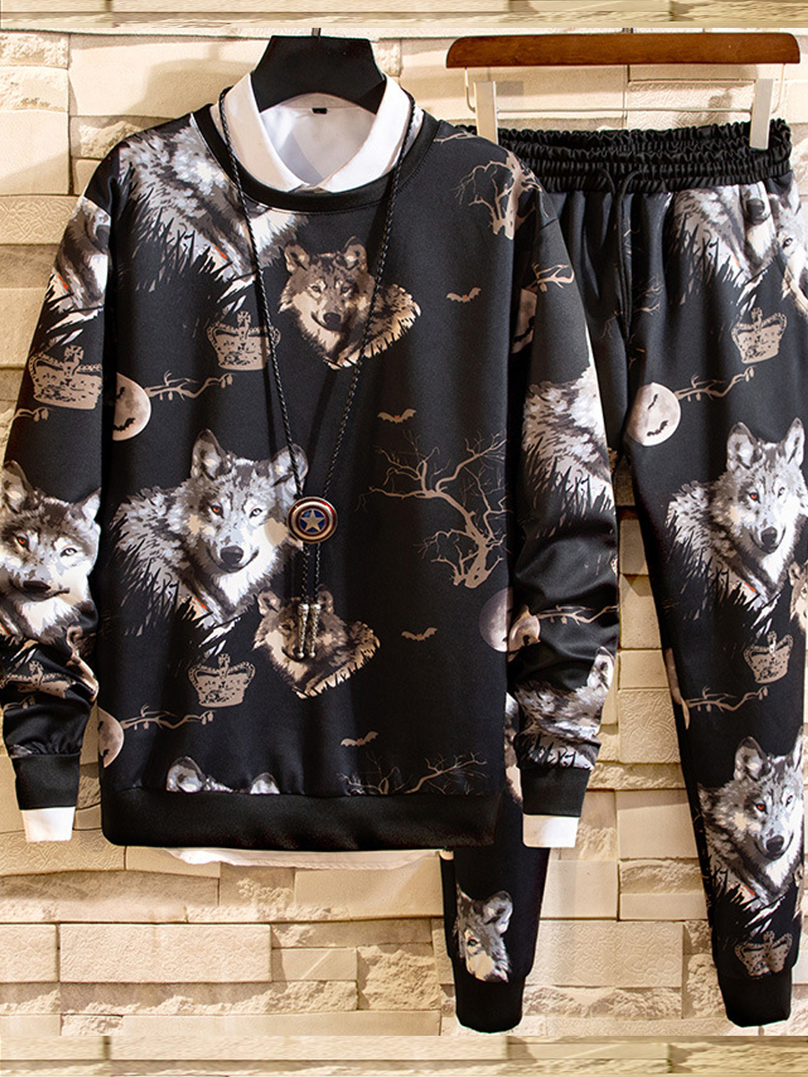 

lovely Casual O Neck Print Black Men Two-piece Pants Set