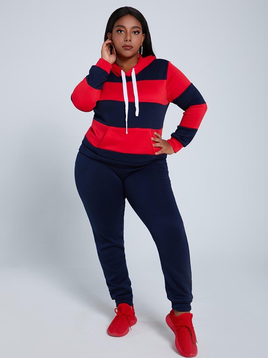 

LW Plus Size Hooded Collar Striped Dark Blue Pants Set