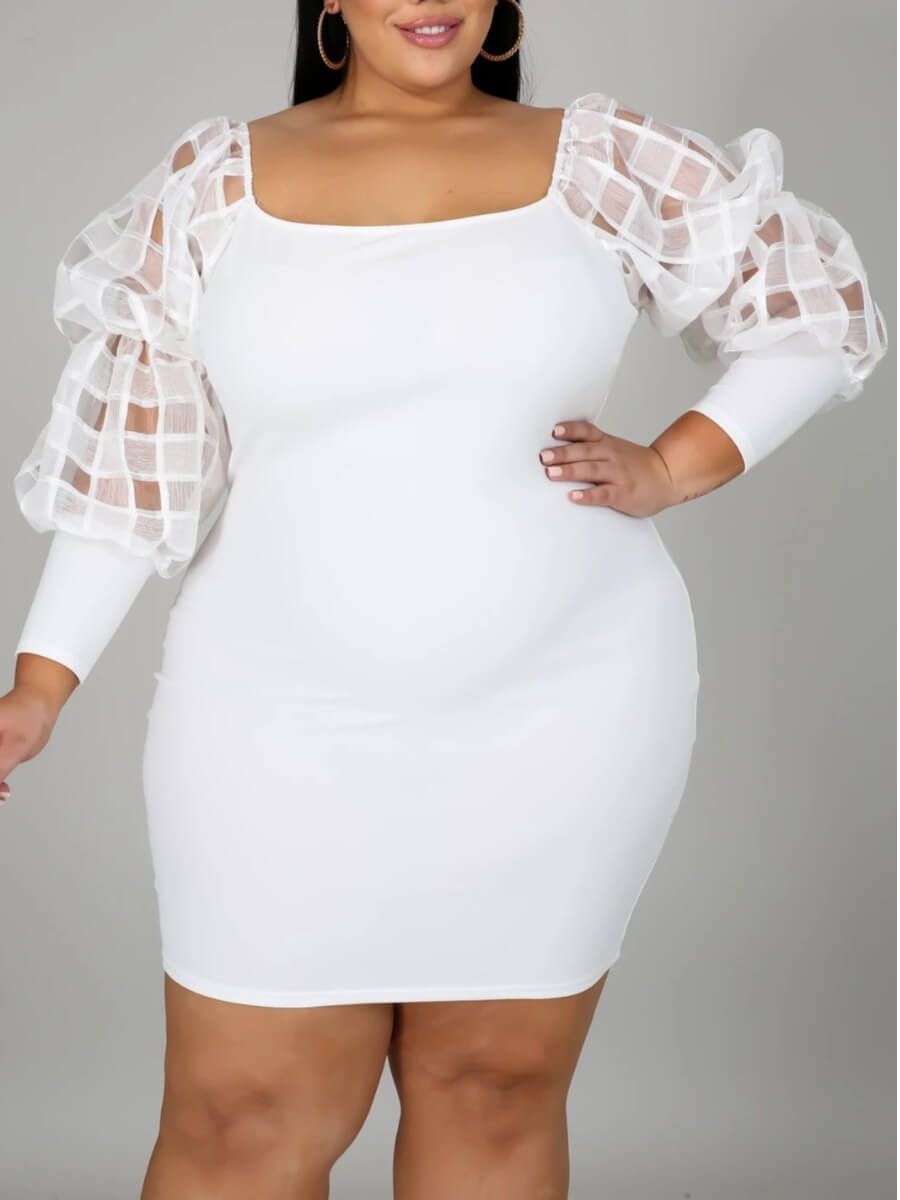 

Lovely Sweet Square Collar Patchwork White Knee Length Plus Size Dress