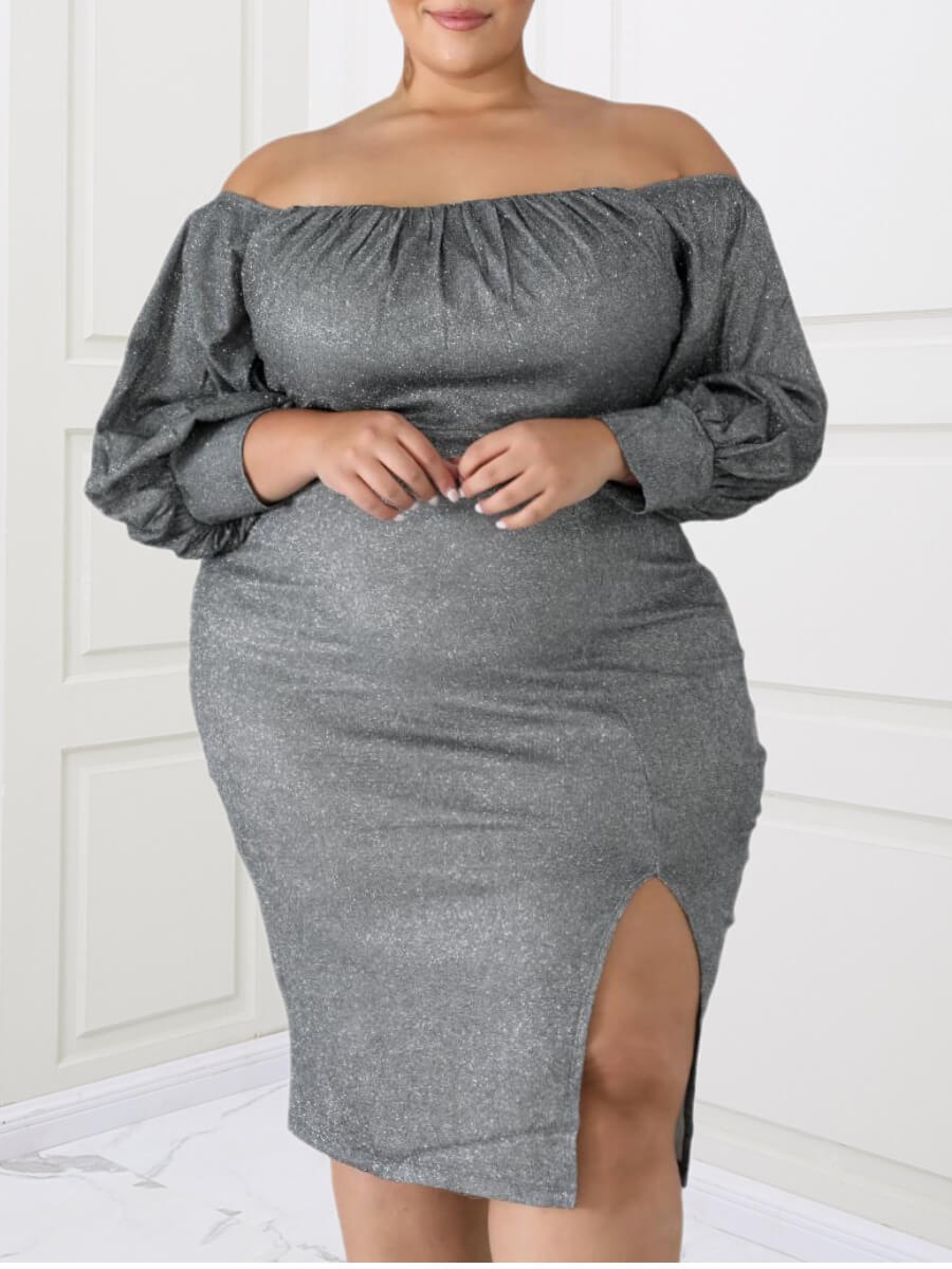 

Lovely Sexy Dew Shoulder Side Slit Grey Knee Length Plus Size Dress