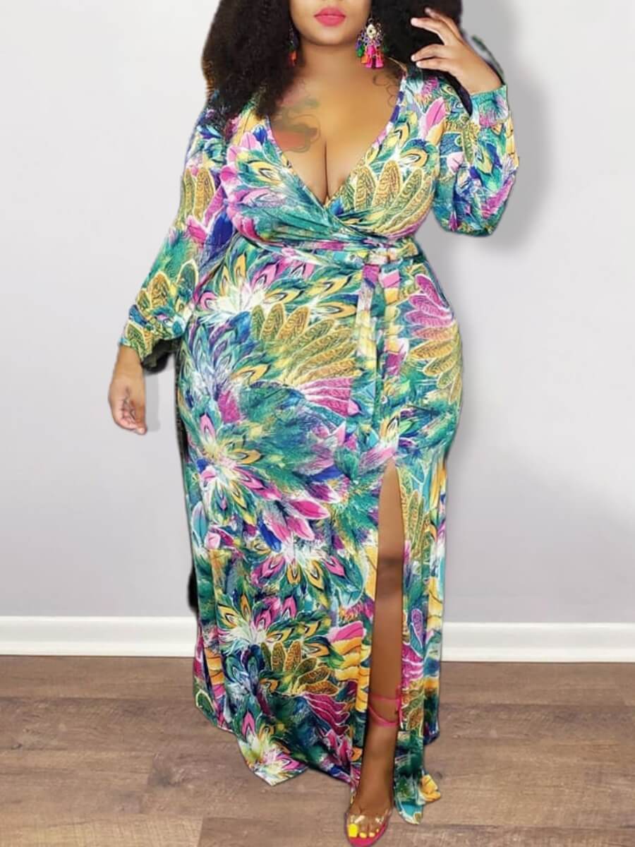 

Lovely Trendy Deep V Neck Tie-dye Multicolor Maxi Plus Size Dress, Multi