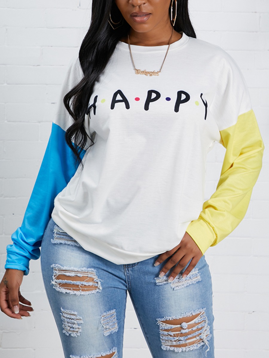 

Lovely Leisure O Neck Letter Print Patchwork White Hoodie