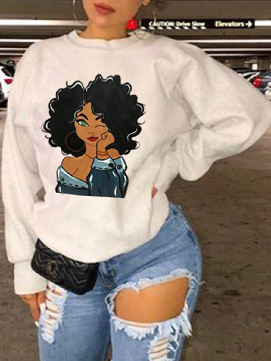 

Lovely Casual O Neck Print Loose White Hoodie