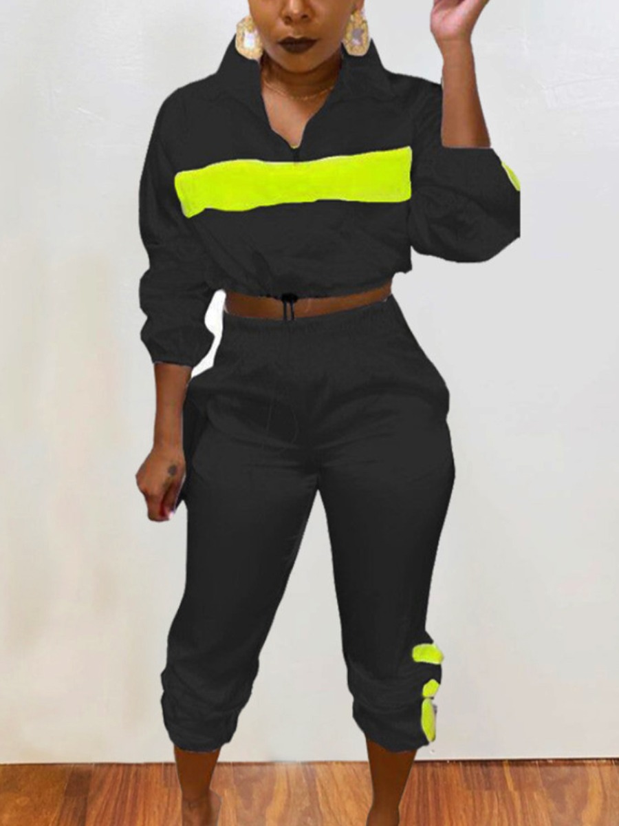 

lovely Sportswear Turndown Collar Patchwork Black Two Piece Pants Set