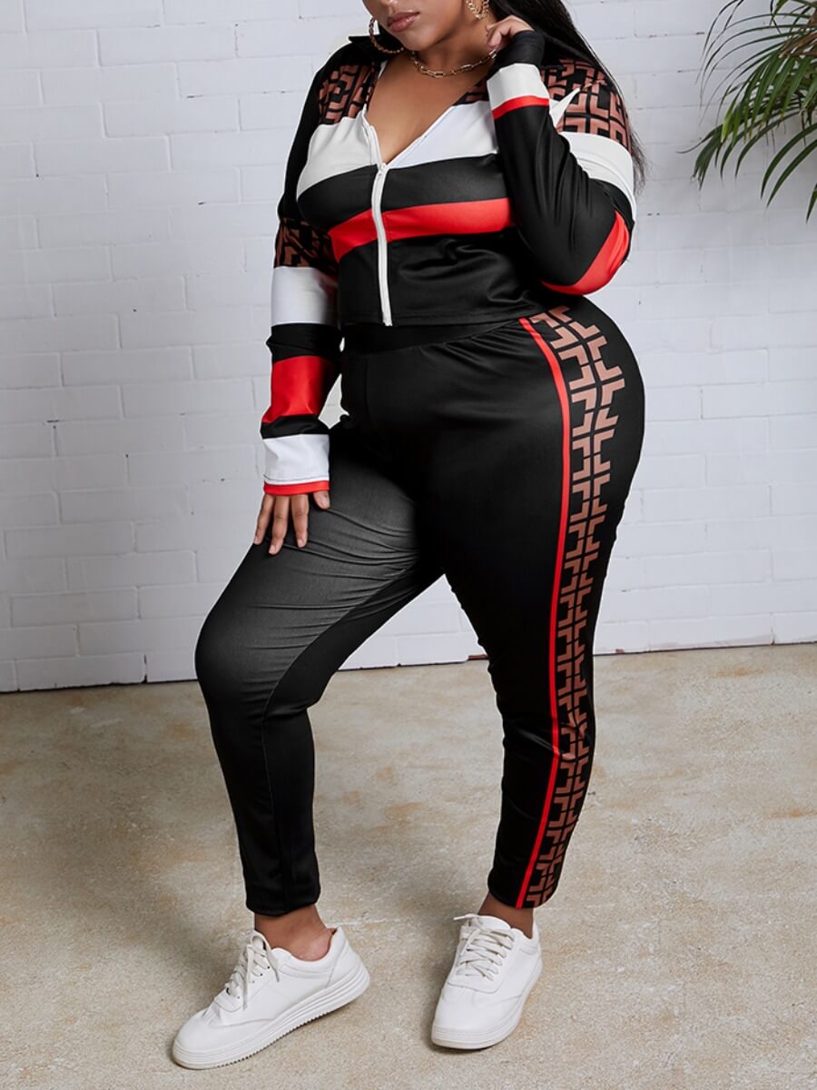 

Lovely Casual O Neck Print Patchwork Black Plus Size Two-piece Pants Set