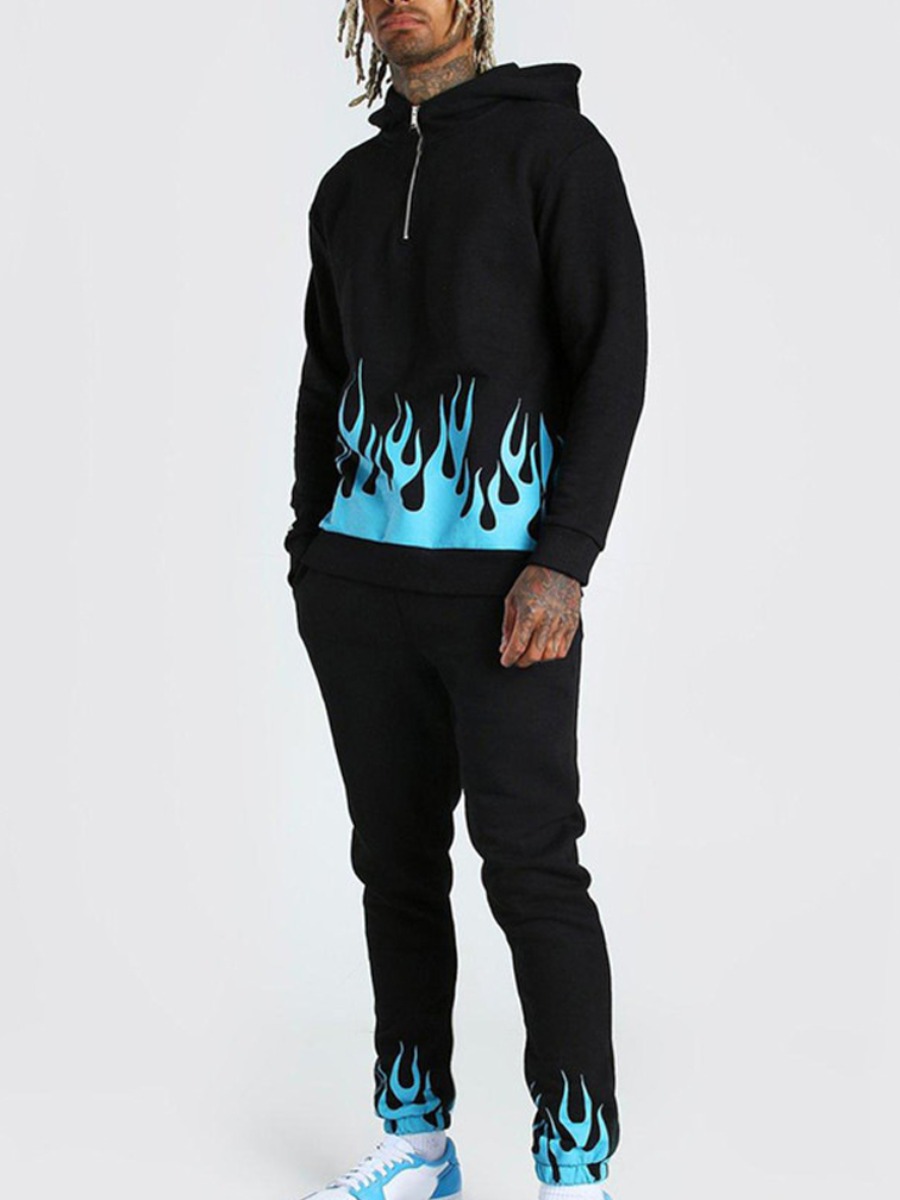 

lovely Sportswear Hooded Collar Print Black Men Two-piece Pants Set