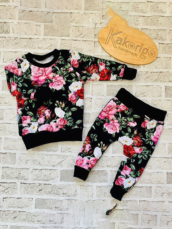 

Lovely Sportswear O Neck Floral Print Black Girl Two-piece Pants Set