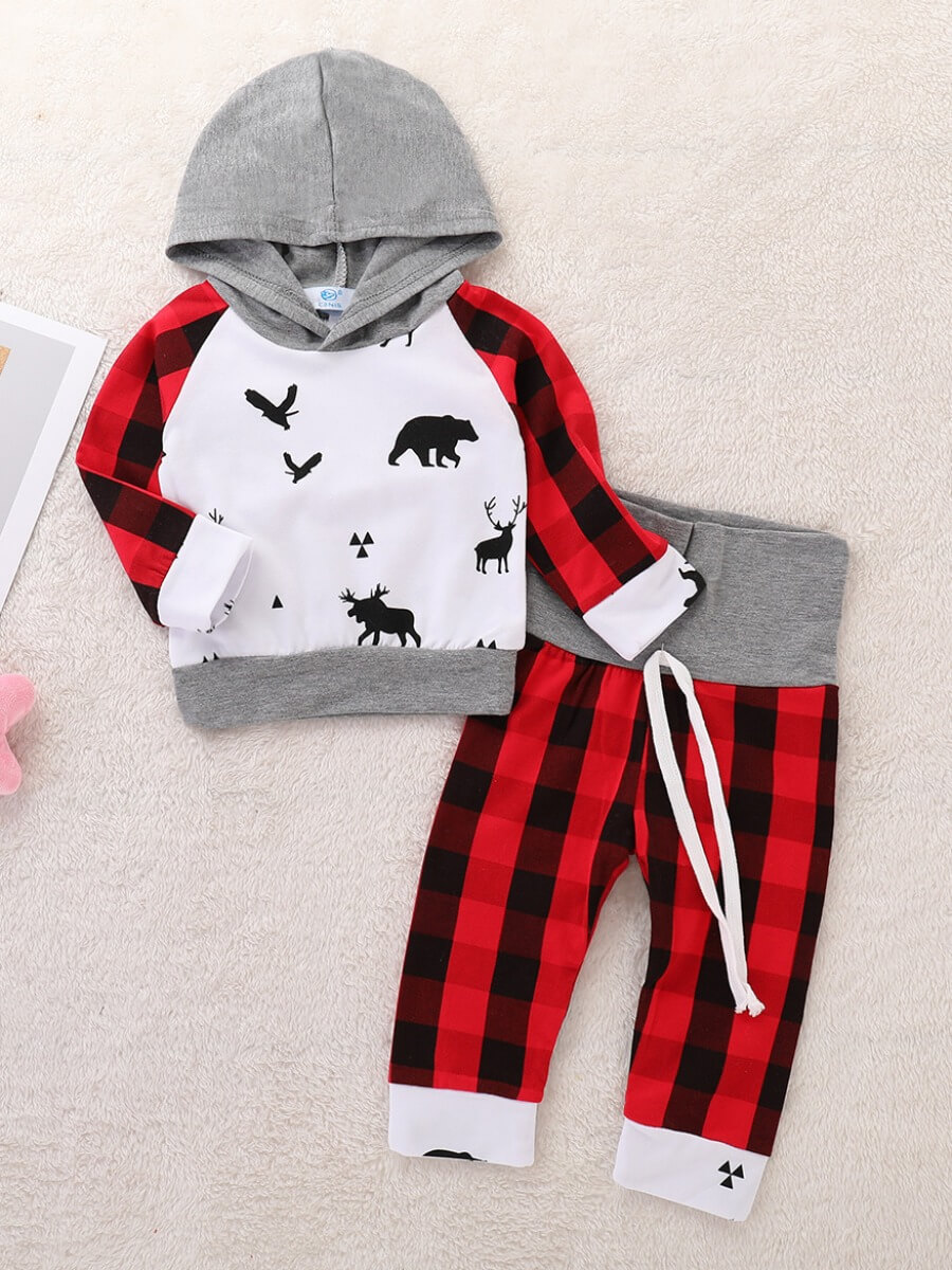 

Lovely Casual Hooded Collar Print Patchwork Red Boy Two-piece Pants Set