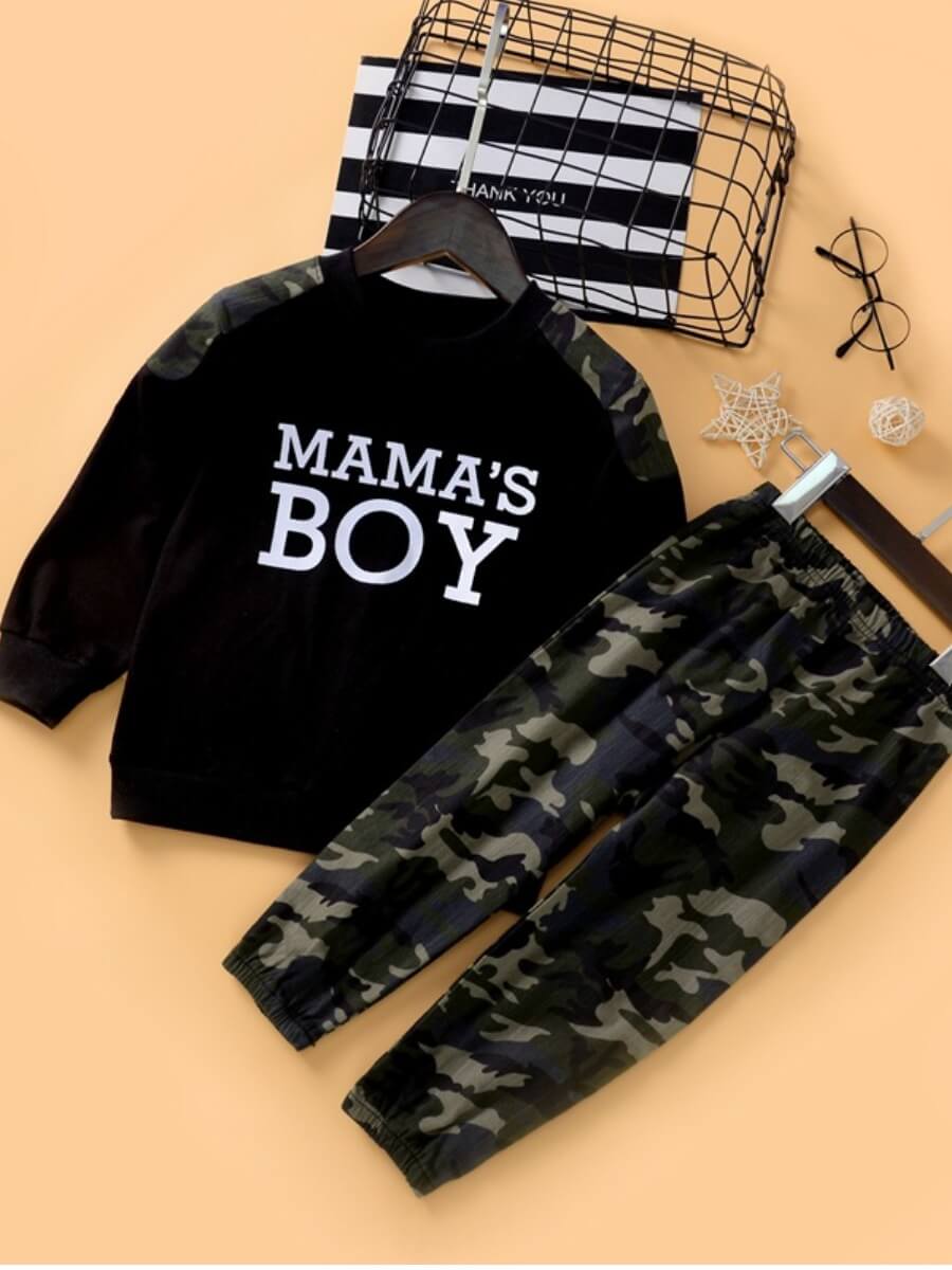 

Lovely Boy Casual O Neck Letter Print Black Two-piece Pants Set