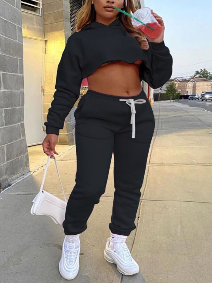 

LW Casual Hooded Collar Crop Top Black Two Piece Pants Set