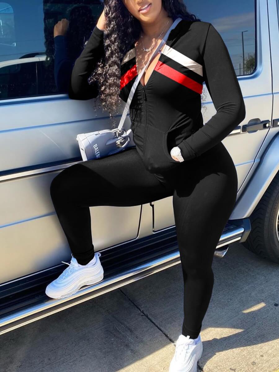 

Lovely Sportswear Turndown Collar Patchwork Black Two Piece Pants Set