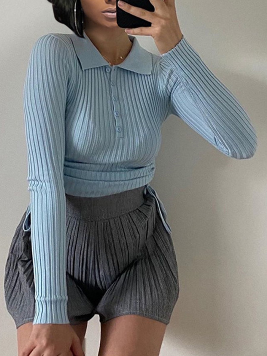 

Lovely Sweet Turndown Collar Buttons Design Blue Sweater