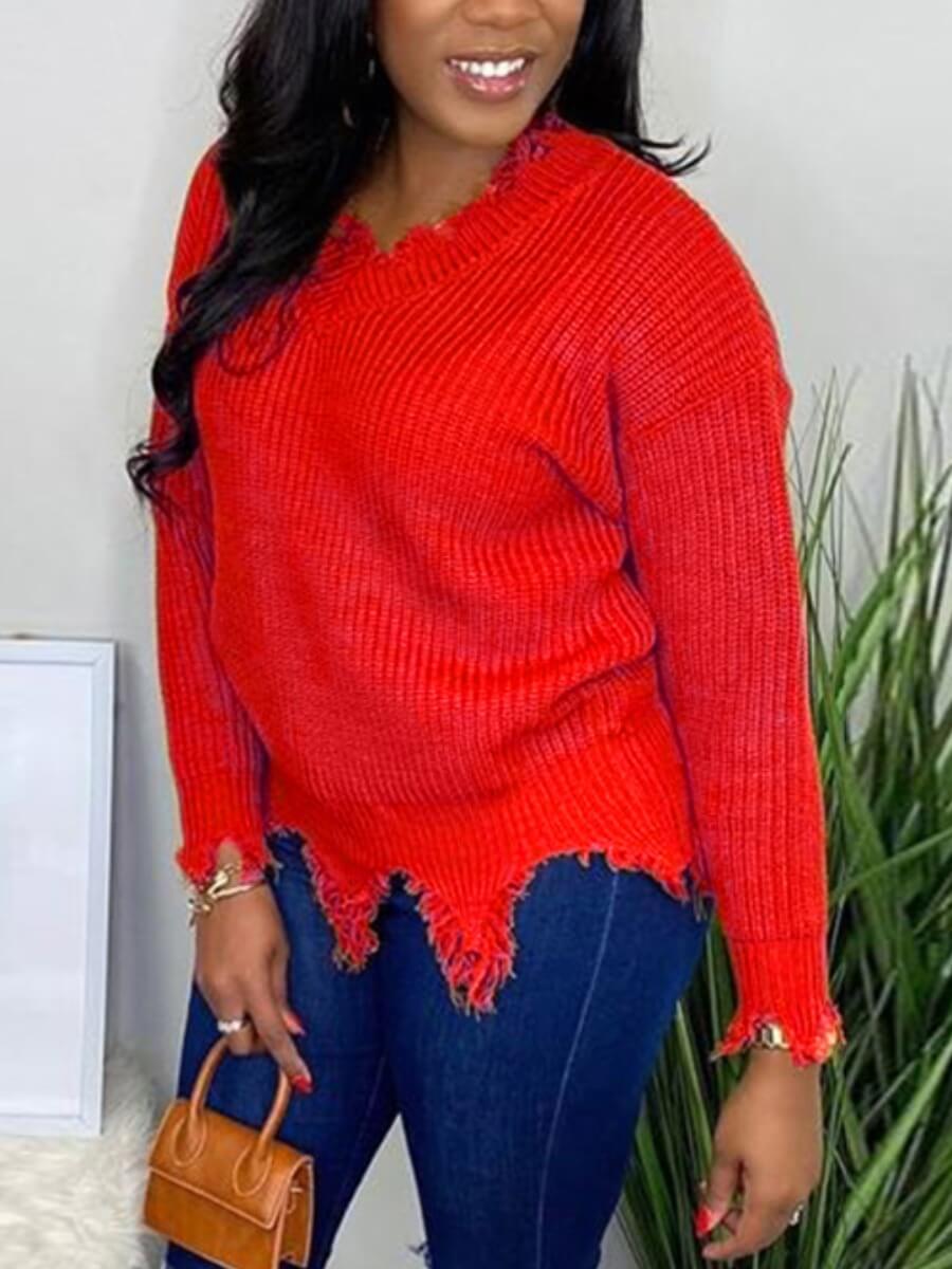 

Lovely Sweet V Neck Asymmetrical Red Sweater