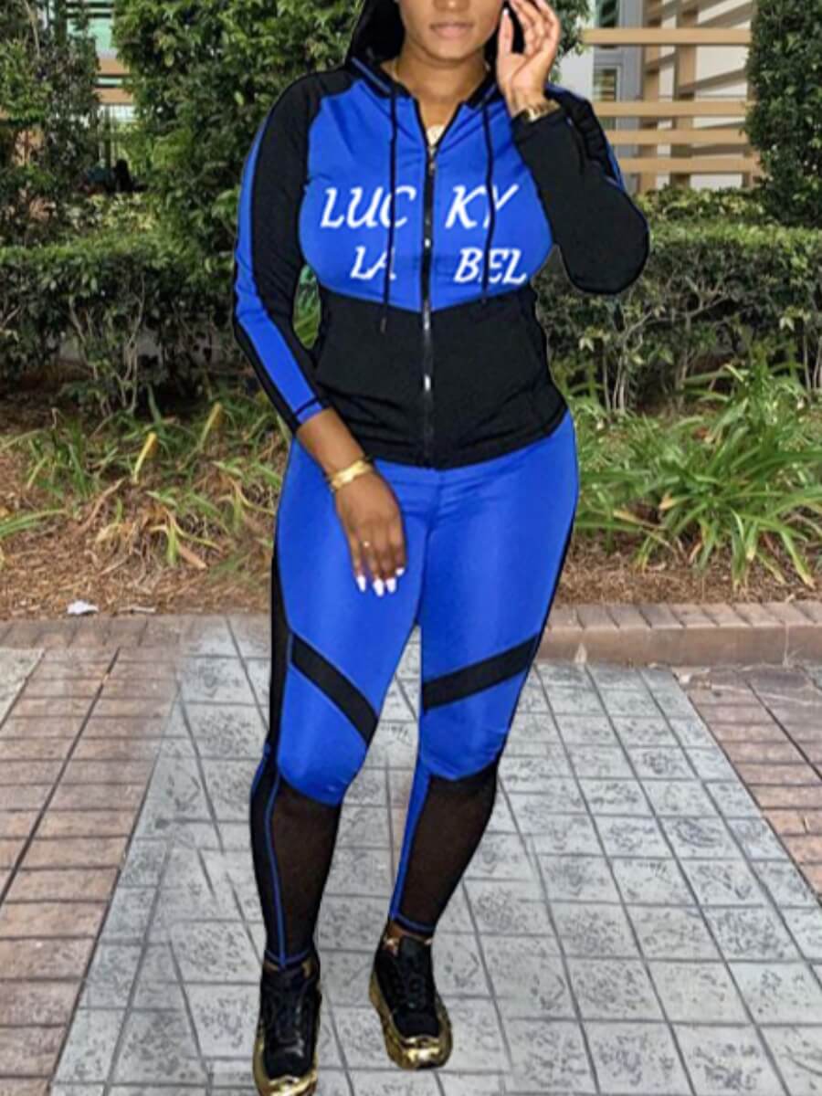 

Lovely Sportswear Hooded Collar Letter Print Blue Two Piece Pants Set