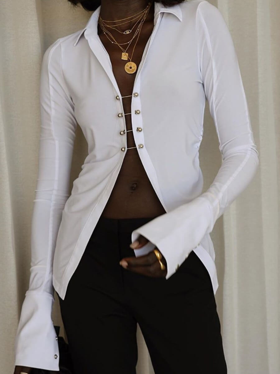 

Lovely Stylish Turndown Collar Skinny White Blouse