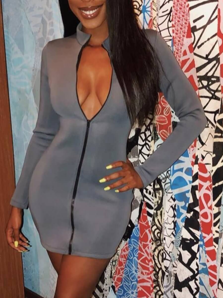 

Lovely Sportswear Mandarin Collar Zipper Design Grey Mini Dress