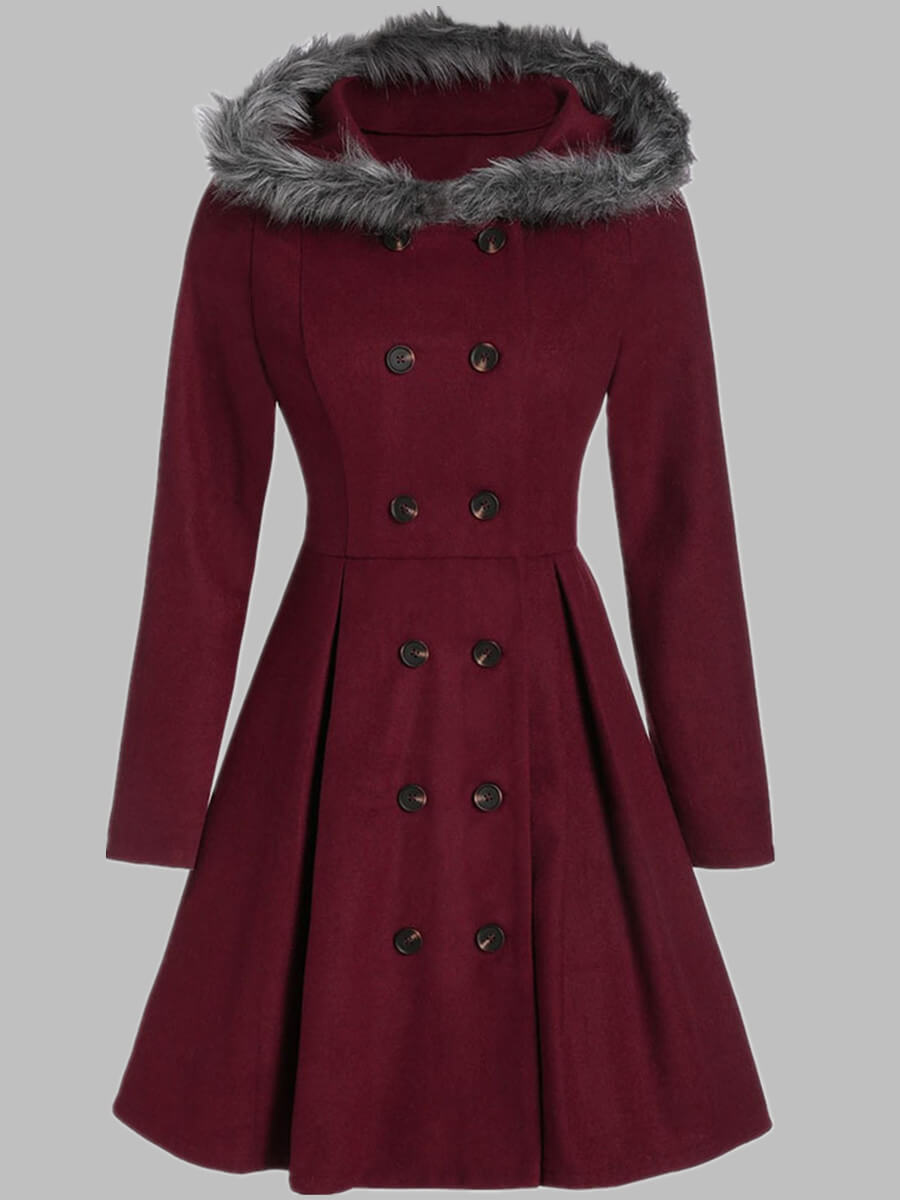 

Lovely Stylish Hooded Collar Buttons Design Wine Red Faux Fur