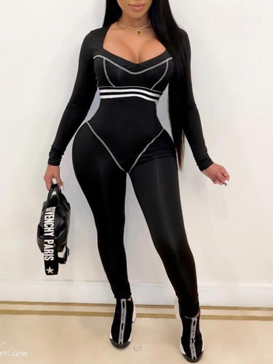 

Lovely Sportswear Patchwork Skinny Black One-piece Jumpsuit