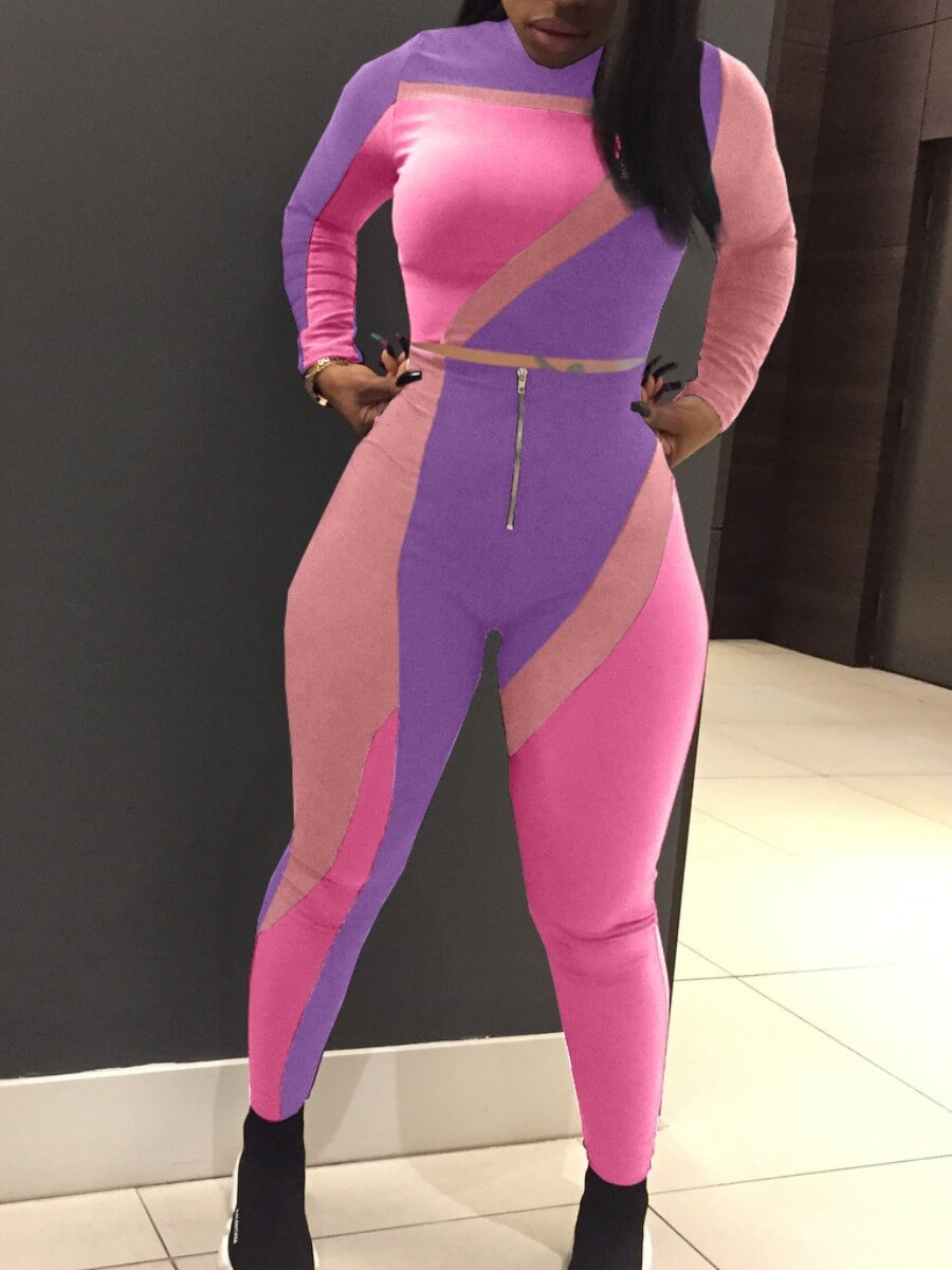 

Lovely Sportswear Turtleneck Patchwork Purple Two Piece Pants Set