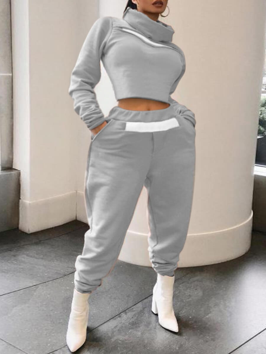 

Lovely Sportswear Turtleneck Patchwork Grey Plus Size Two-piece Pants Set
