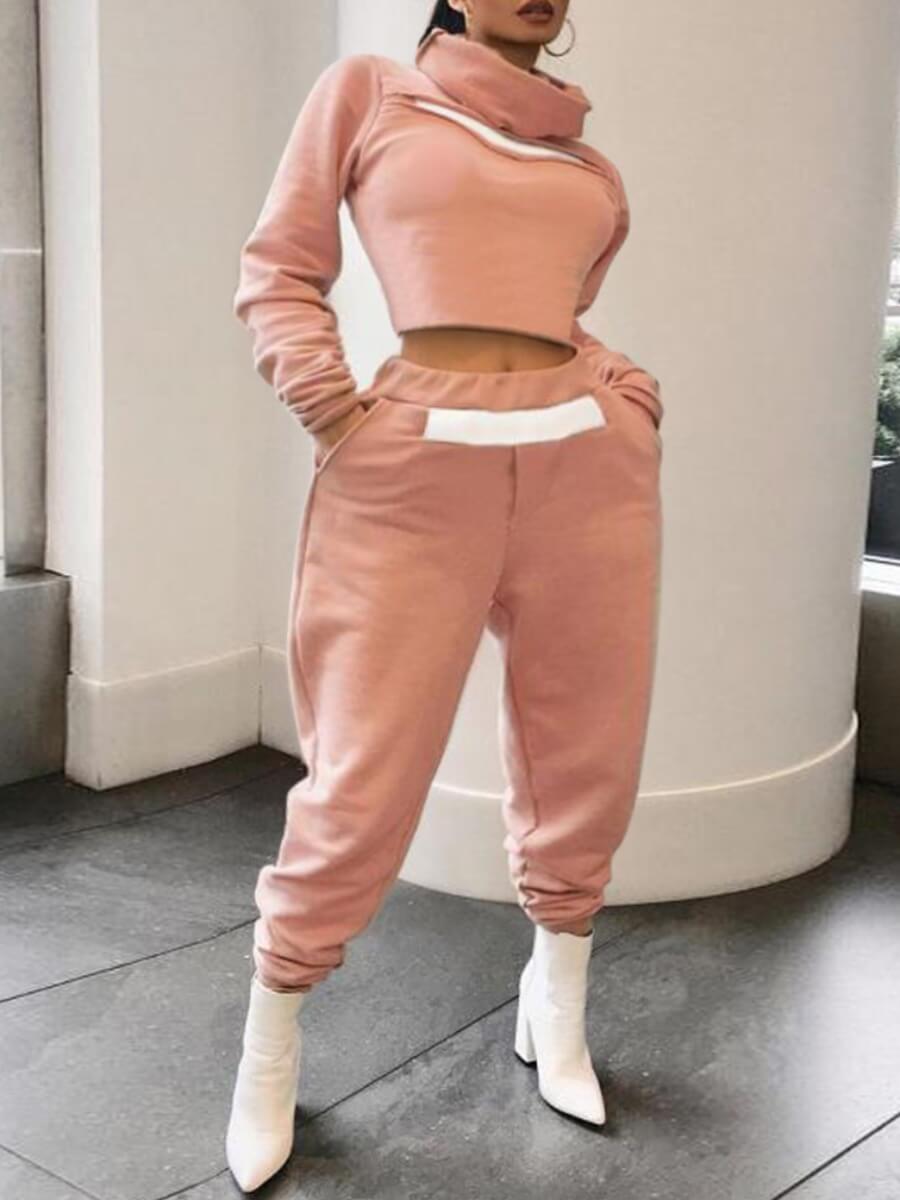 

Lovely Sportswear Turtleneck Patchwork Pink Plus Size Two-piece Pants Set