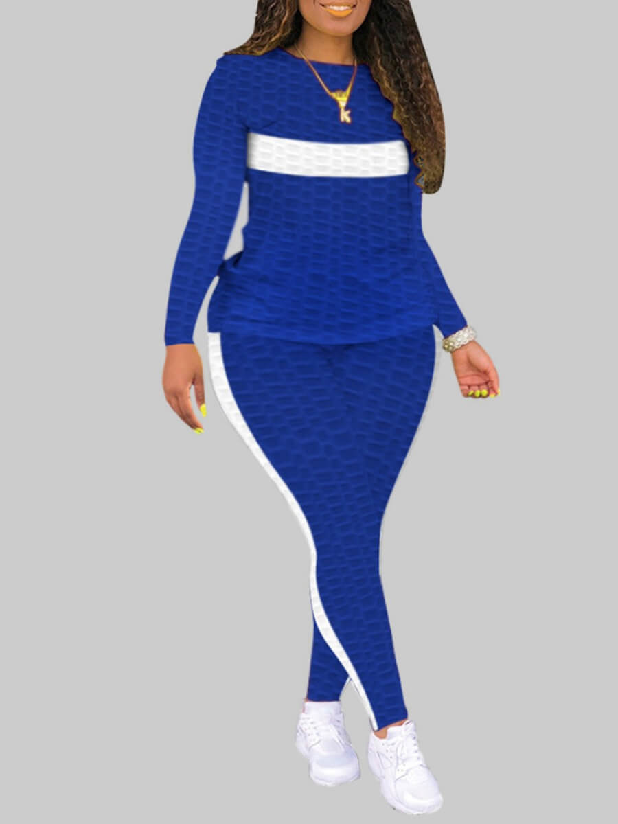 

Lovely Casual O Neck Patchwork Blue Plus Size Two-piece Pants Set