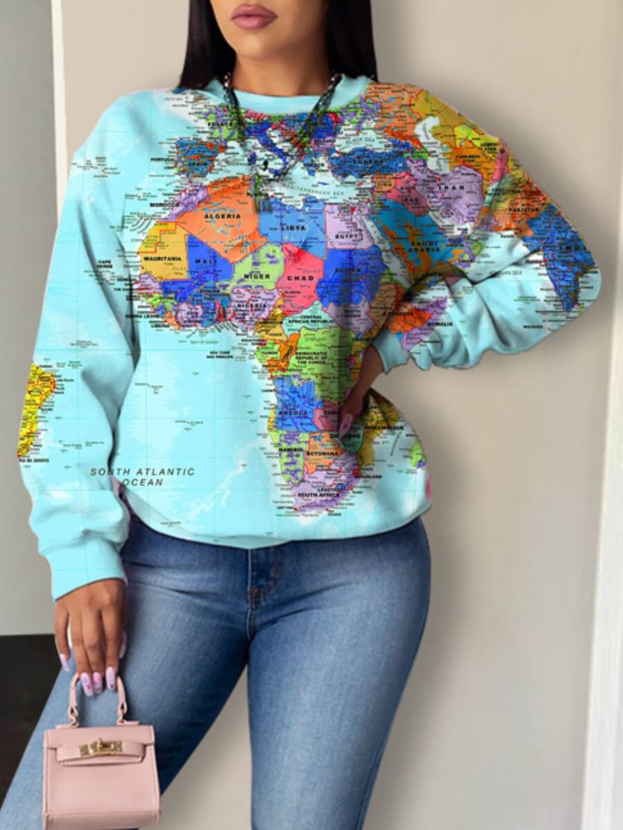 

Lovely Casual O Neck Print Baby Blue Hoodie