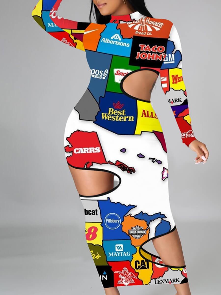 

Lovely Street Turtleneck Letter Print Multicolor Ankle Length Plus Size Dress, Multi