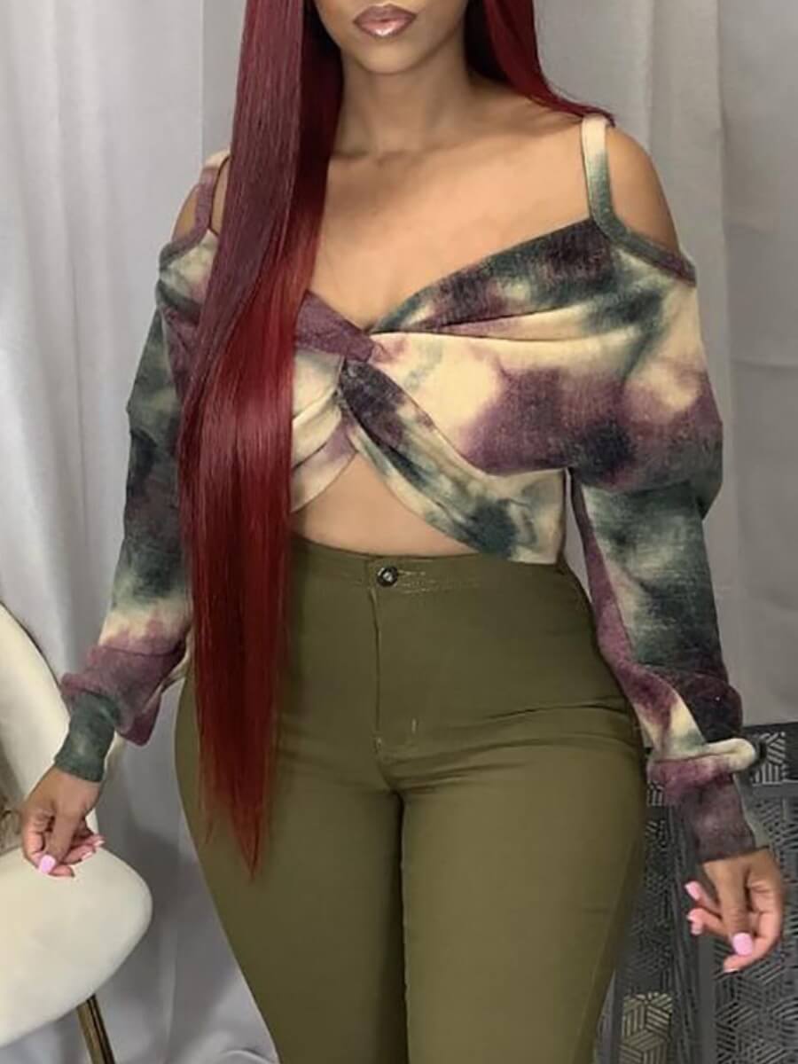 

Lovely Trendy Tie-dye Hollow-out Dull Red Blouse