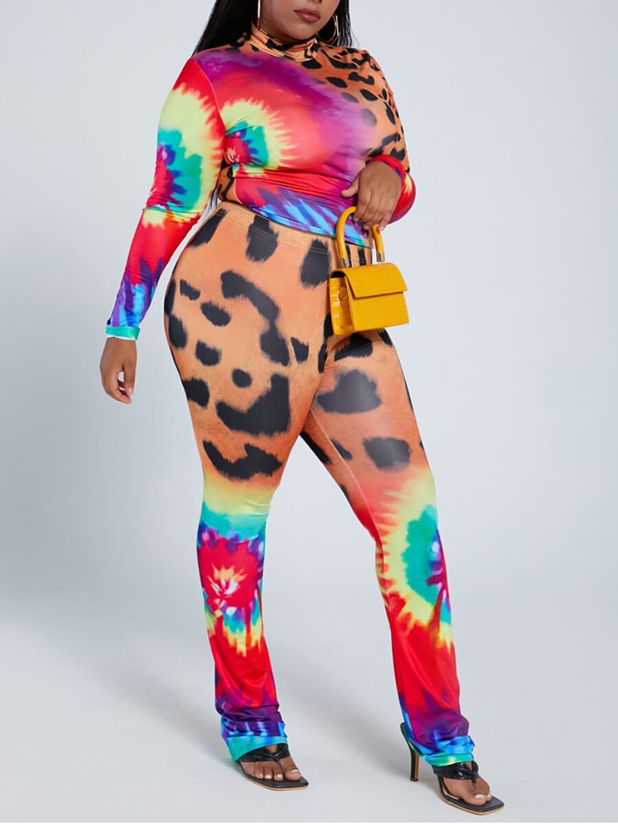 

Lovely Casual Turtleneck Tie-dye Multicolor Plus Size Two-piece Pants Set, Multi