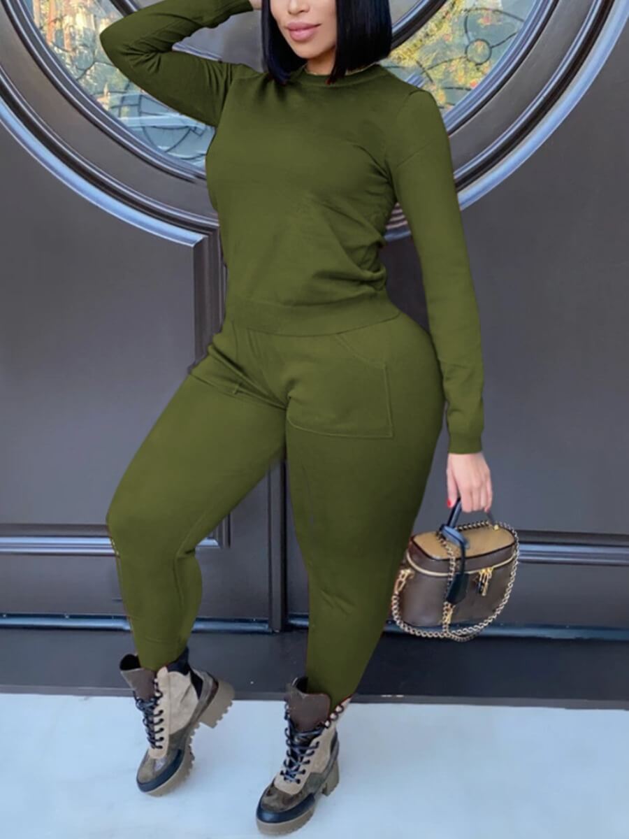 

Lovely Leisure O Neck Basic Army Green Plus Size Two-piece Pants Set