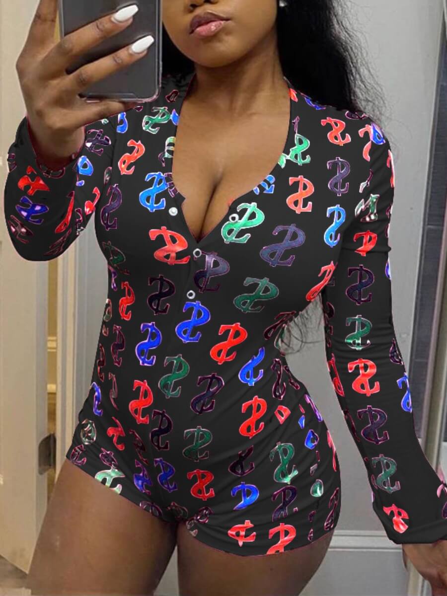 

Lovely Sportswear Print Skinny Black One-piece Romper
