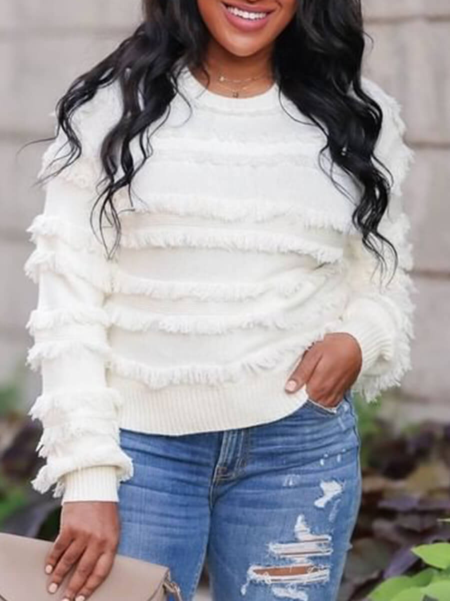 

Lovely Stylish O Neck Tassel Design White Sweater