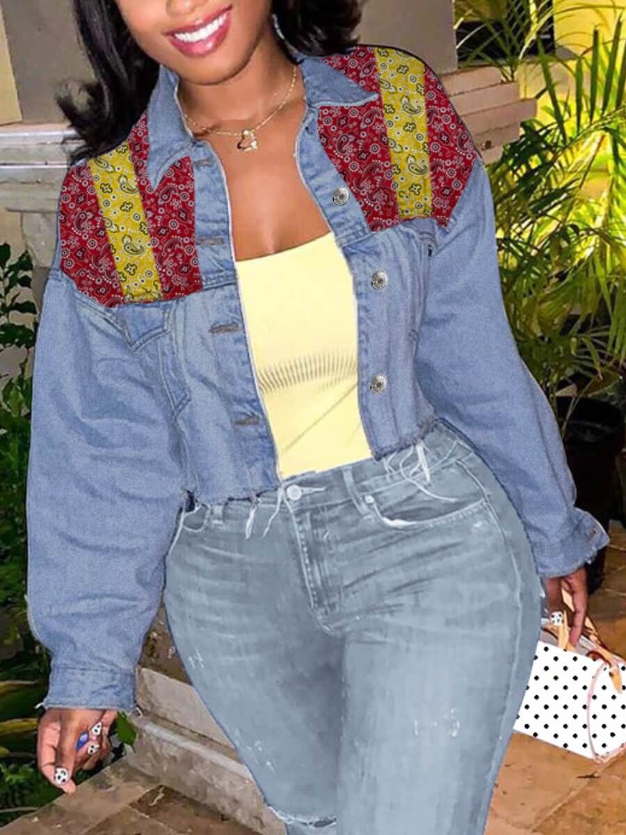 

Lovely Casual Turndown Collar Print Patchwork Baby Blue Denim Jacket