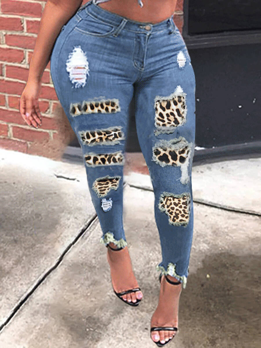 

Lovely Street Leopard Print Patchwork Blue Jeans