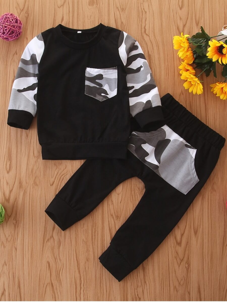 

Lovely Sportswear O Neck Camo Print Patchwork Boy Two-piece Pants Set, Black