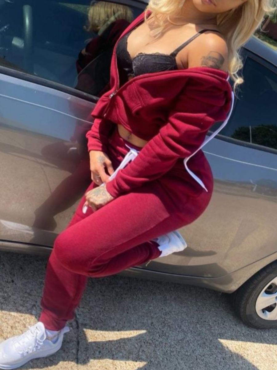 

Lovely Sportswear Hooded Collar Zipper Design Wine Red Two Piece Pants Set