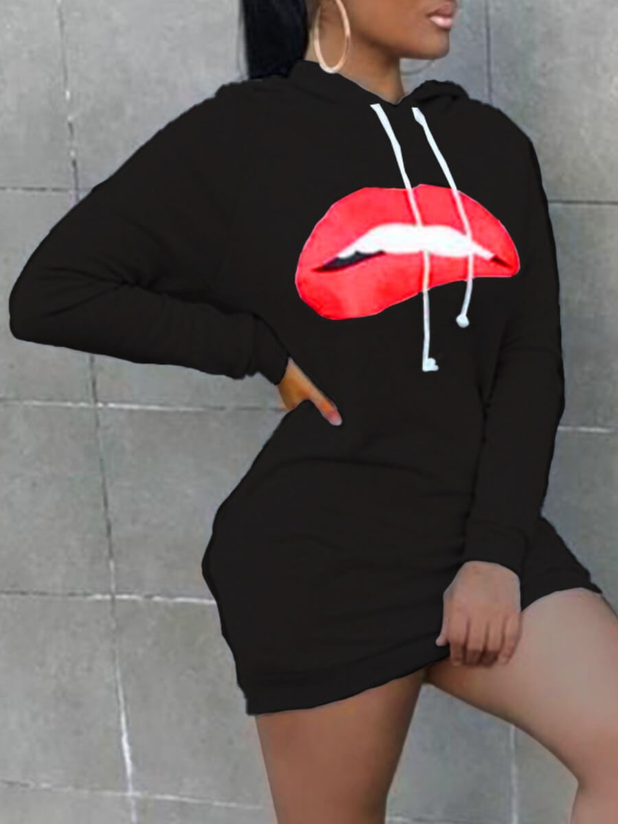 

Lovely Leisure Hooded Collar Lip Print Black Mini Dress