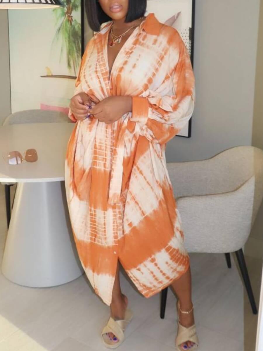 

Lovely Trendy V Neck Tie-dye Orange Ankle Length Dress