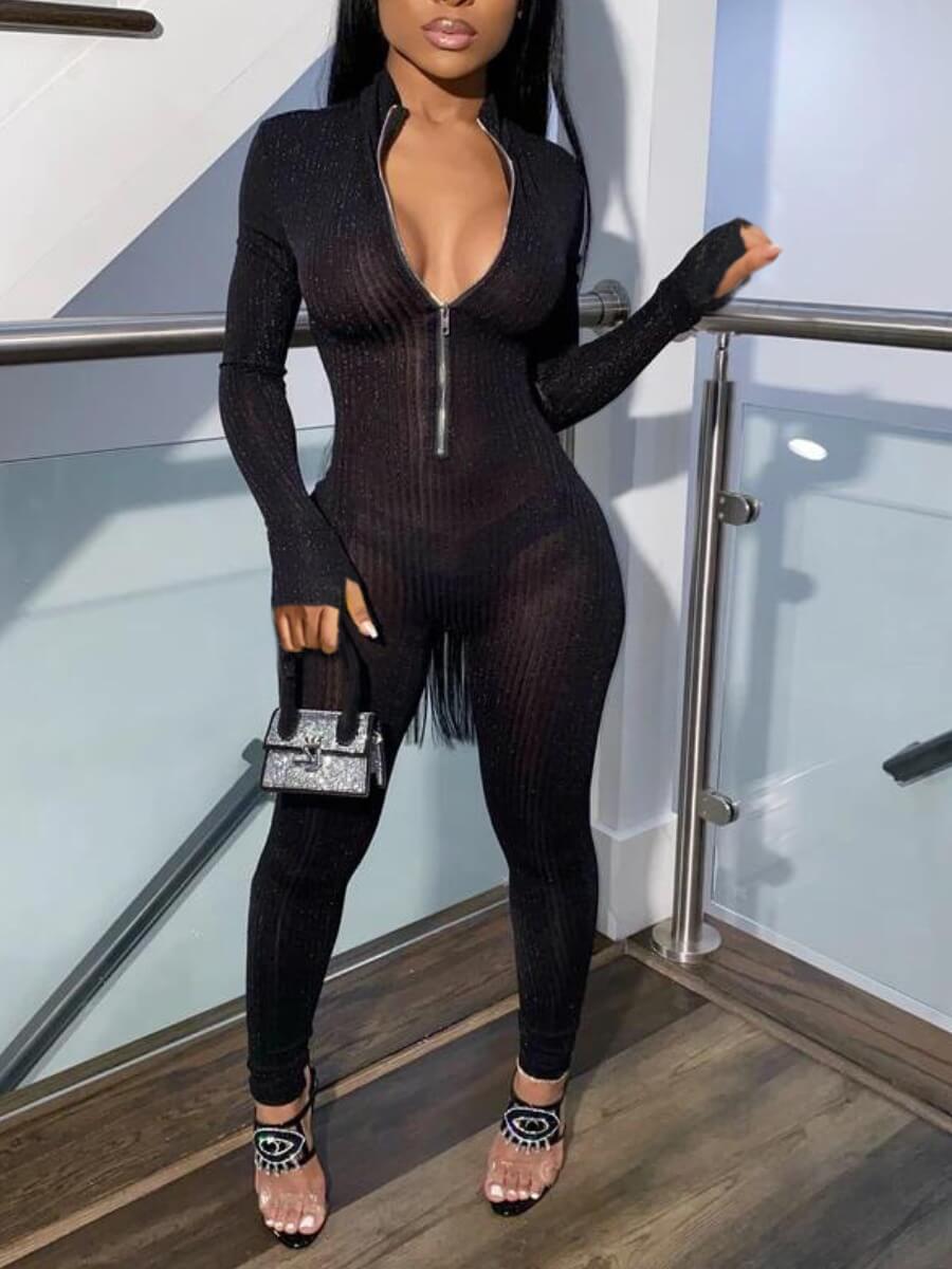 

Lovely Trendy Zipper Design Skinny Black One-piece Jumpsuit