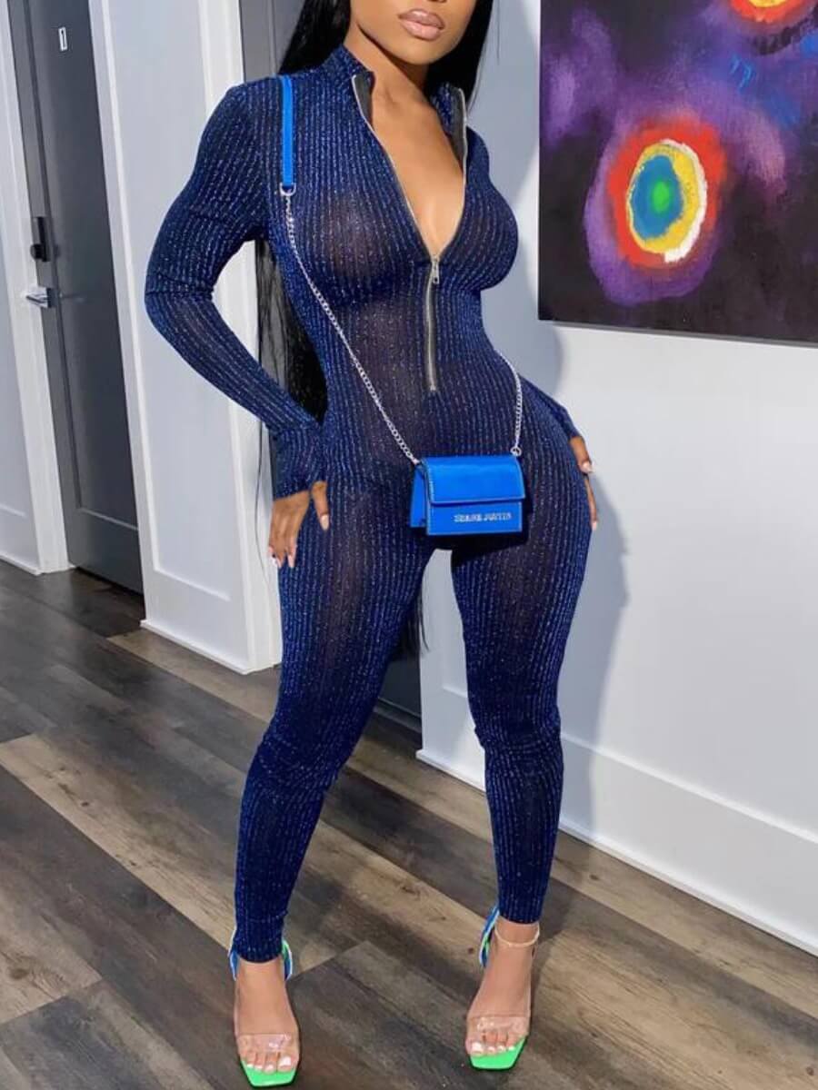

Lovely Trendy Zipper Design Skinny Blue One-piece Jumpsuit