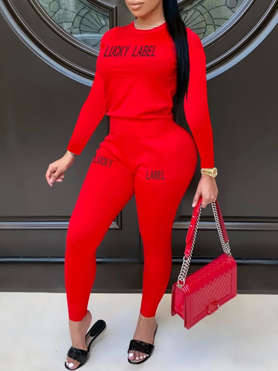 

Lovely Sportswear O Neck Letter Print Red Two Piece Pants Set