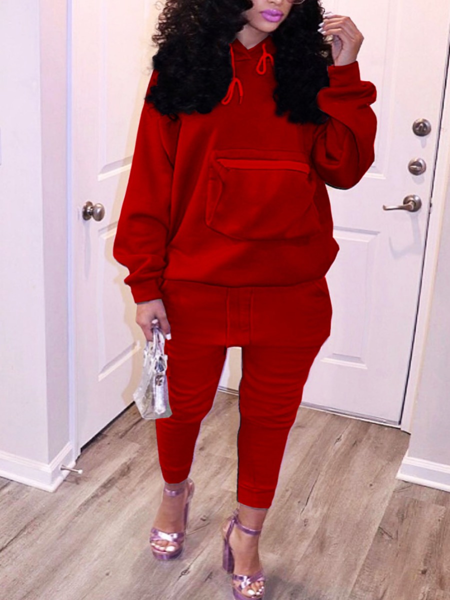 

Lovely Leisure Hooded Collar Pocket Patched Red Two Piece Pants Set